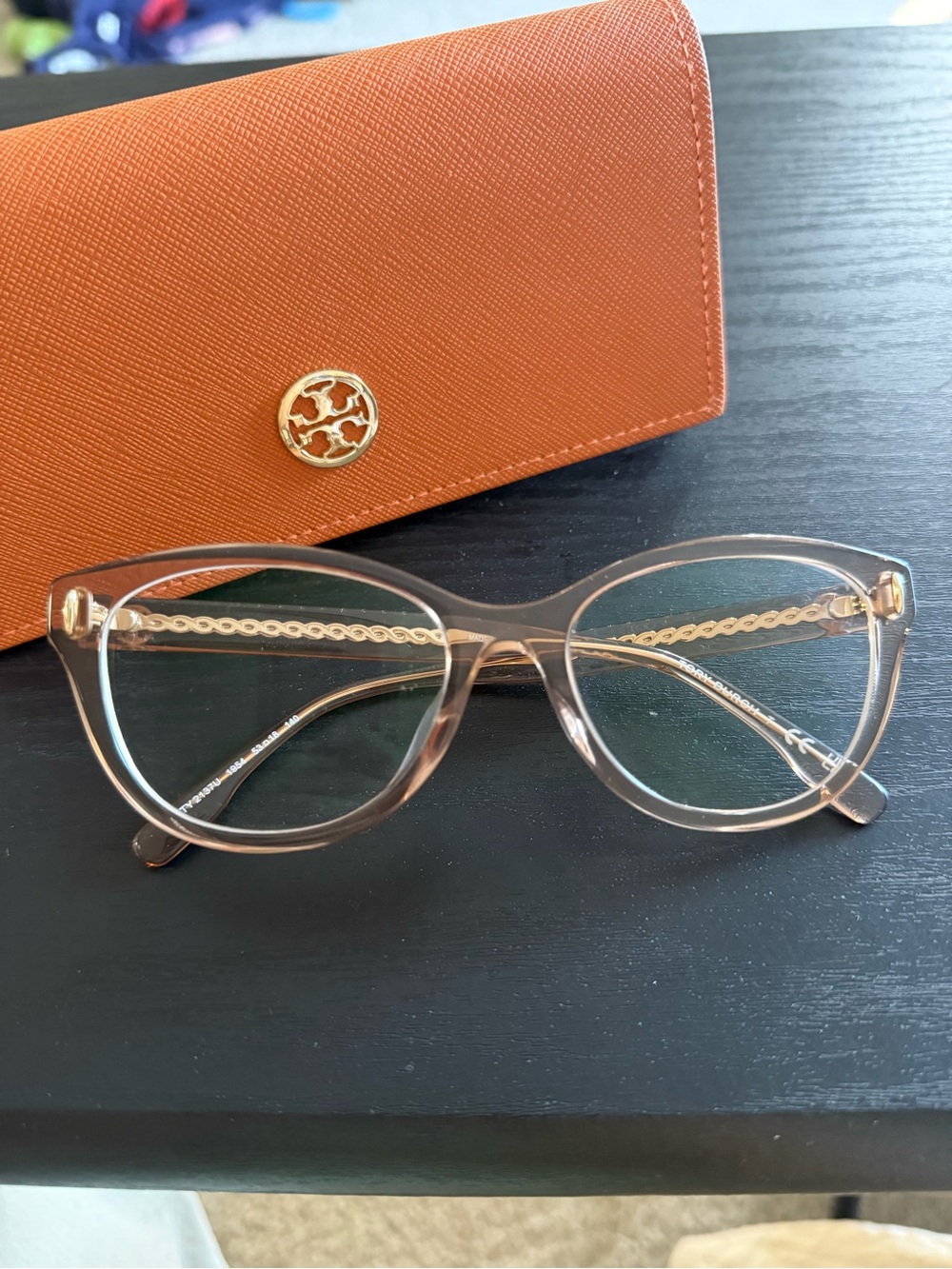 Tory Burch Rose Gold Translucent Cat-Eye Glasses with Gold Chain Temples